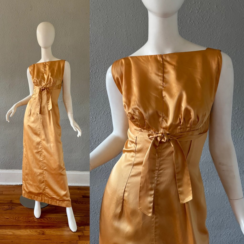 Vintage 50s 60s Copper Gold Satin Holiday Party Maxi Dress S